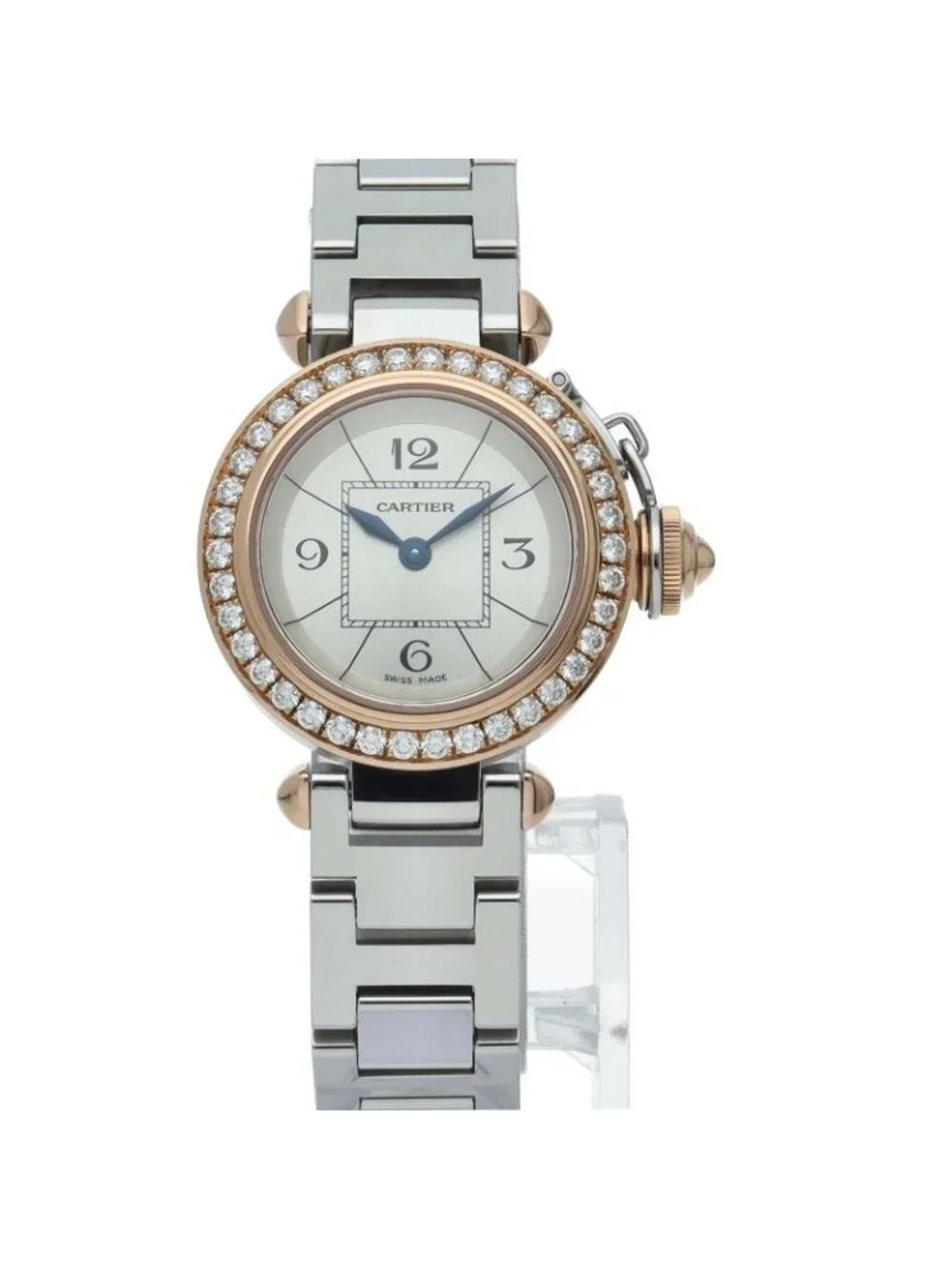 Cartier Miss Pasha Watch Diamond Bezel 18k Pink Gold SS Silver